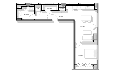 Floor plan for 1 bed, 1 bath, 695 sqft